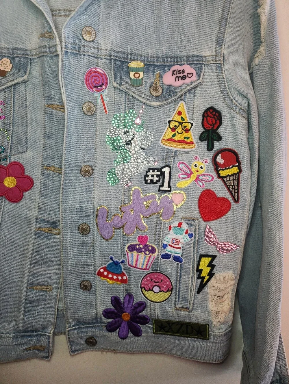 Custom Made 1 Of 1 Light Wash Embellished Denim Jacket with Colorful Patches - Picture 5 of 7